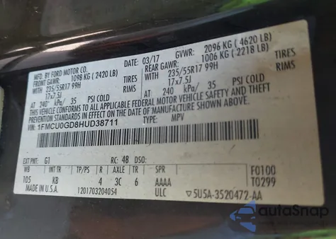 2017 Ford Escape Se from USA, damaged, VIN 1FMCU0GD8HUD38711